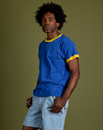 Vintage Ringer Tee in Royal Blue angled front view on Jerrod