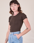 Baby Tee in Espresso Brown angled front view on Alex