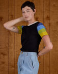 Angled front view of Calypso Tee in Black Multi on Alex