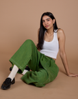 Denim Drop Pocket Pants in Green Overdye and Cropped Tank in Vintage Tee White on Anjaline