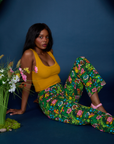 Work Pants in Pond Party and Cropped Tank in Mustard Yellow on Kandia