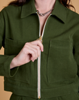 Front close up of Heritage Mechanic Jacket in Evergreen on Alex