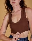 Front close up on Mini Tank in Fudgesicle Brown worn by Alex