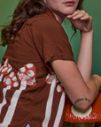 Close up of Paintstamped Pantry Button-Up in Mushroom on Alex