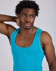 Close up of Cropped Tank Top in Hawaiian Blue on Isaac
