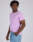 Jr. Varsity Tee in Lilac Purple side view on Isaac