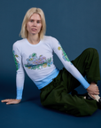 Floral Long Sleeve Baby Tee in Baby Blue and evergreen Drop Pocket Cargo Pants on Madeline