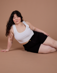 Classic Work Shorts in Basic Black and Cropped Tank in Vintage Tee White on Ashley