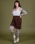 Angled front view of Longline Work Shorts in Fudgesicle Brown and vintage tee white Cropped Tank on Sydney