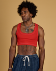 Jerrod is 6’3” and wearing M Contrast Stitch Mini Tank in Mustang Red