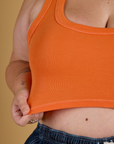 Contrast Stitch Mini Tank in Construction Orange front close up on Juliet