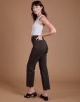 Angled back view of Organic Work Pants in Espresso Brown on Alex
