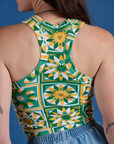 Back close up of Deep-Cut Racerback Tank in Spring Quilt Print on Alex