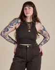 Sydney is 5’9” and wearing XXS Racerback Tank in Espresso Brown
