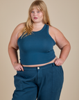 Juliet is 5’7” and wearing L Racerback Tank in Lagoon