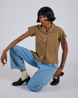 Pantry Button-Up in Desert Brown and light wash Denim Drop Pocket Pants on Kira
