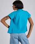 Pantry Button-Up in Hawaiian Blue back view on Kira