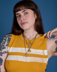 Front close up of Painted Muscle Tee in Mustard Yellow on Sydney