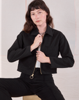 Alex is 5’8” and wearing P Mechanic Jacket in Basic Black