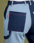 Close up back pocket of Mismatched Denim Carpenter Jeans on Tiara
