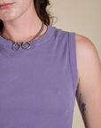 Muscle Tee in Faded Grape close up on Alex