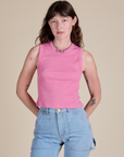 Alex is 5’8” and wearing P Muscle Tee in Bubblegum Pink