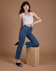 Organic Work Pants in French Blue and vintage tee white worn by Alex