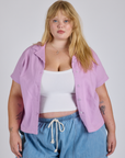 Juliet is wearing Pantry Button-Up in Lilac Purple
