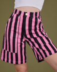 Close up of Longline Work Shorts in Bubblegum Pink on Alex