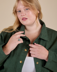 Front close up of Denim Work Jacket in Swamp Green on Juliet