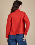 Back view of Denim Work Jacket in Mustang Red on Alex