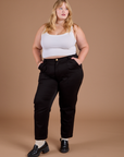 Organic Work Pants in Basic Black and vintage tee white Cropped Tank on Juliet
