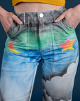 Work Pants in Night Sky Airbrush front close up with Alex's hands in the front pockets
