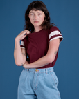 Alex is 5’8” and wearing P Painted Vintage Tee in Red Wine