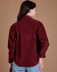 Back view of Cropped Corduroy Overshirt in Red Wine on Alex