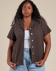 Meghna is 5’8” and wearing M Pantry Button-Up in Espresso Brown