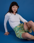 Longline Work Shorts in Spring Quilt Print and Long Sleeve Baby Tee in Vintage Tee White on Alex