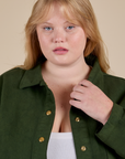 Denim Work Jacket in Evergreen front close up on Juliet