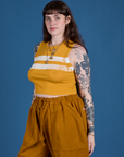 Painted Muscle Tee in Mustard Yellow angled front view on Sydney