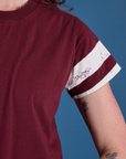 Painted Vintage Tee in Red Wine sleeve close up with two painted white stripes
