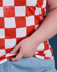 Checker Organic Tee in Red close up on Ashley