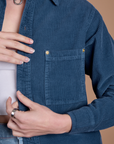 Cropped Corduroy Overshirt in French Blue front pocket close up on Alex