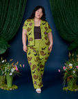 Ashley is wearing Paintstamped Pantry Button-Up in Big Bug paired with matching Work Pants