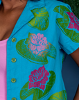 Paintstamped Pantry Button-Up in Lilypad close up on Kandia
