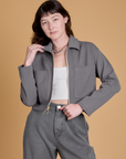 Alex is 5’8” and wearing P Heritage Mechanic Jacket in Washed Grey