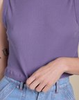 Close up of Muscle Tee in Faded Grape on Alex