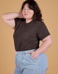Angled front view of Organic Vintage Tee in Espresso Brown on Ashley