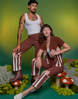 Alex is wearing Paintstamped Pantry Button-Up in Mushroom and matching Work Pants. Jesse is wearing Paintstamp Work Pants in Mushroom