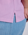 Close up of Pantry Button-Up in Lilac Purple side vent on Juliet