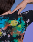 Classic Tee in Rainbow Magic Waters back shoulder close up on Alex